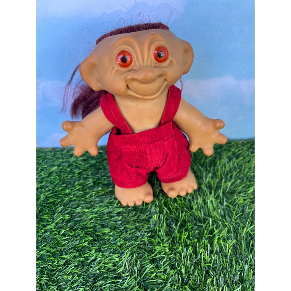 Vintage Dam Troll Doll Red Glass Eyes Maroon Hair Red Corduroy Overalls 5 Inch
